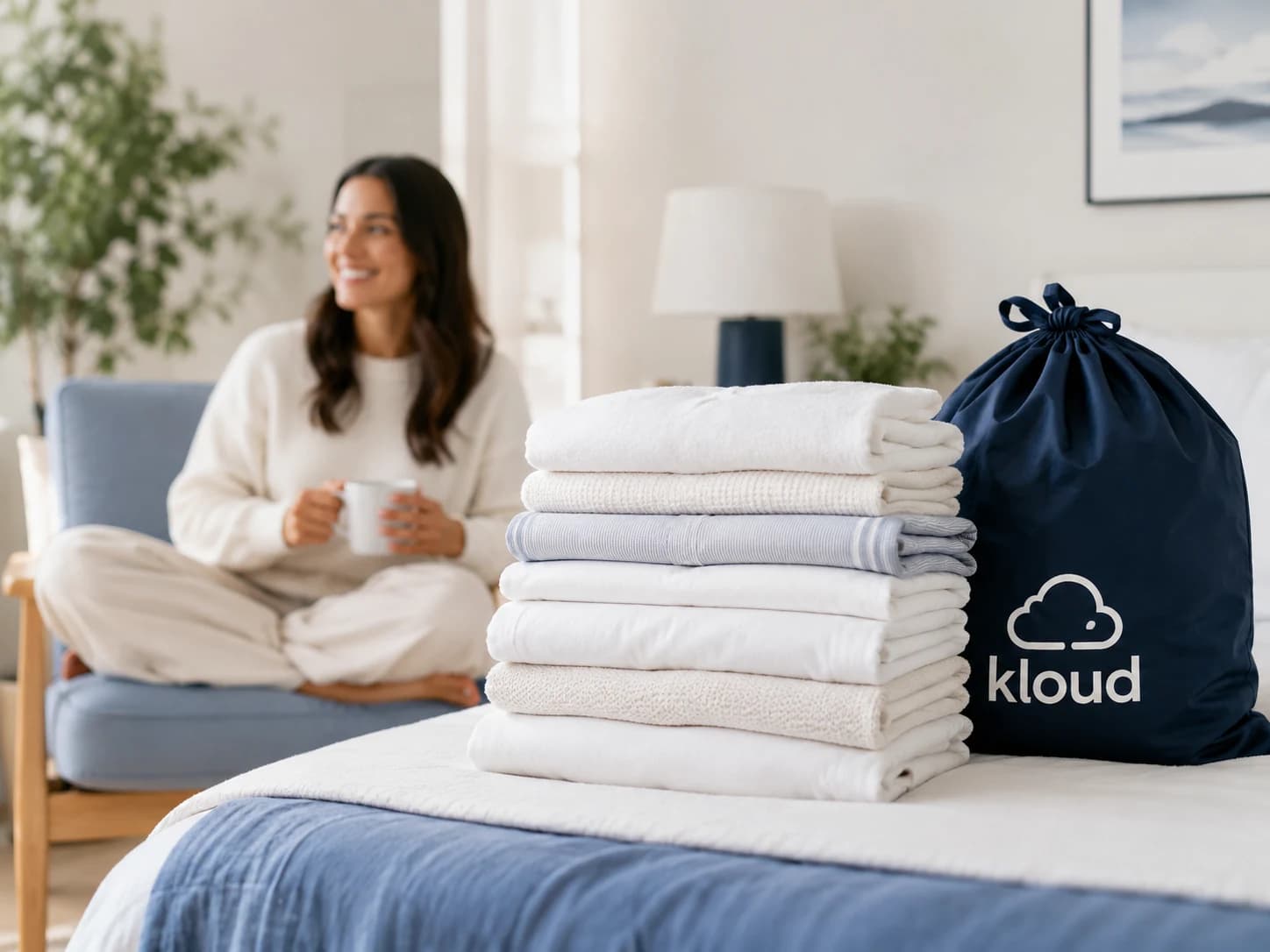 Fresh folded laundry in a peaceful home with a customer enjoying free time.