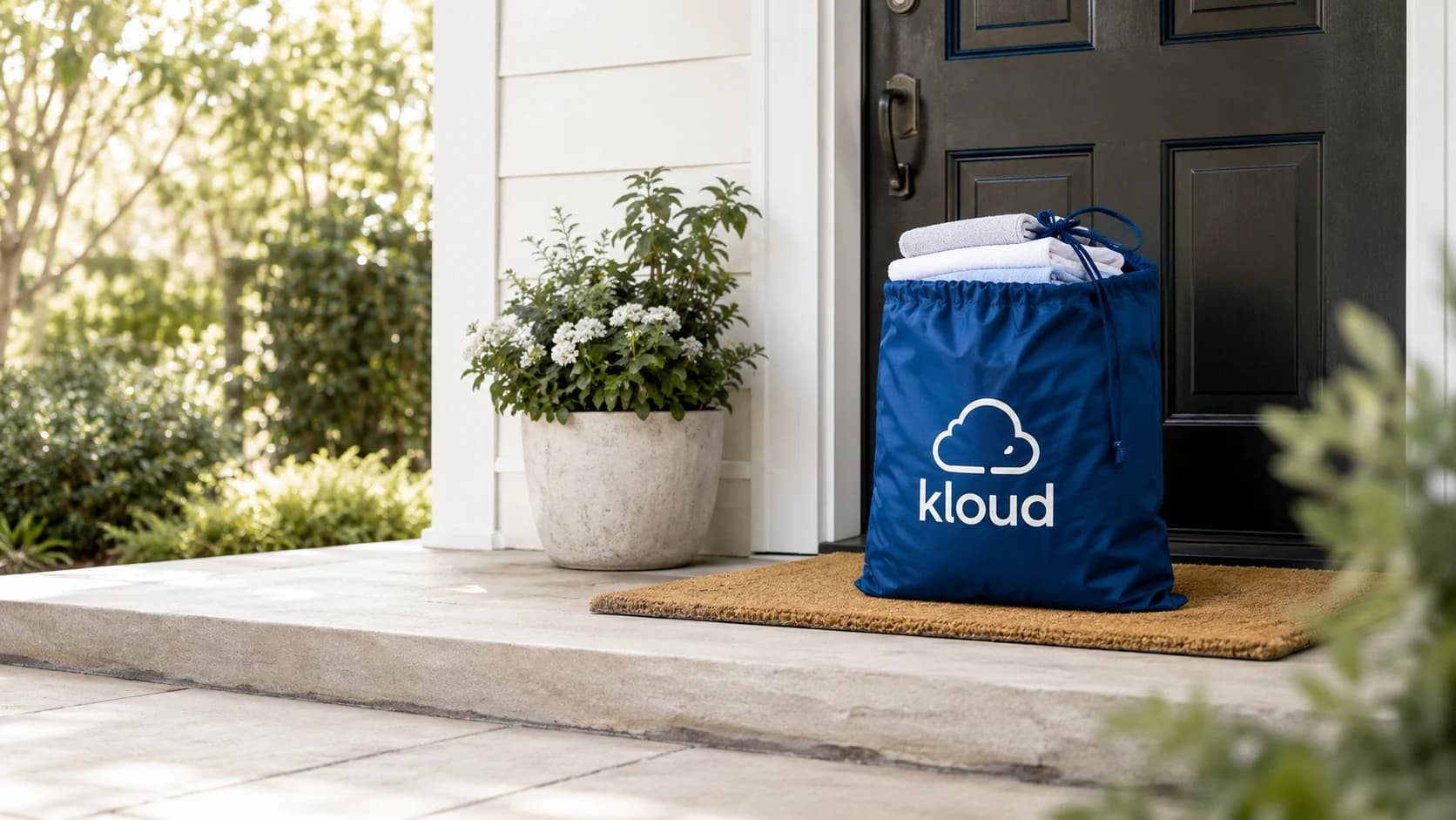 A Kloud laundry bag of clean, folded laundry waiting on a front doorstep