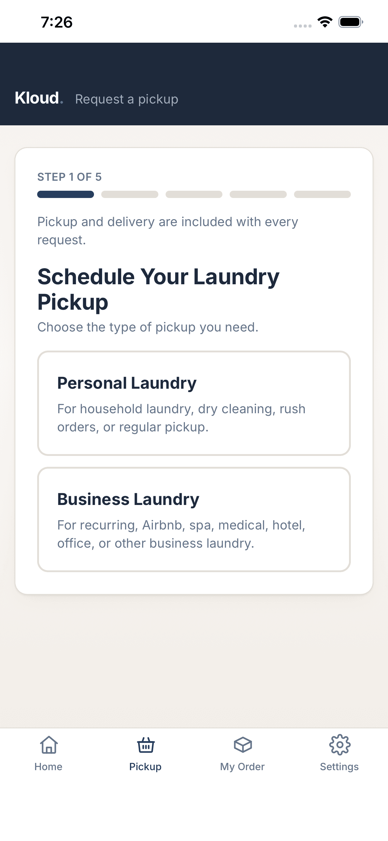 Kloud app booking screen