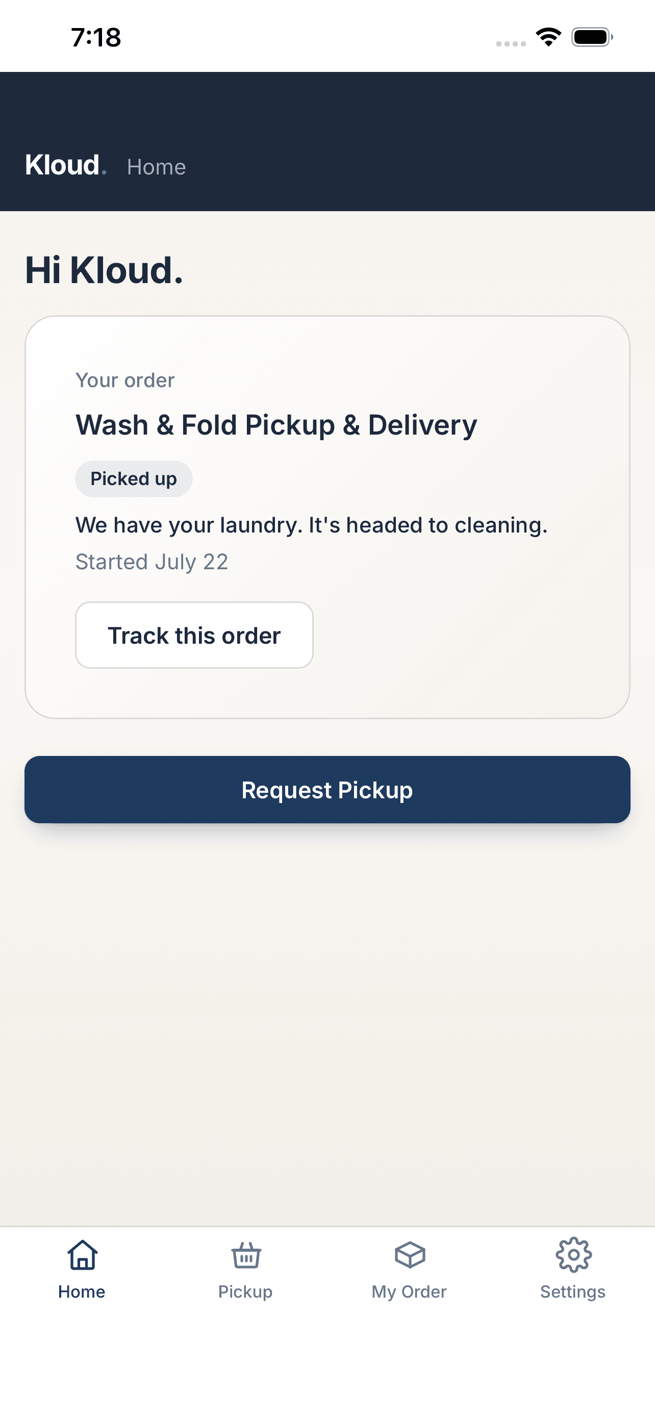 Kloud app home screen showing an active order